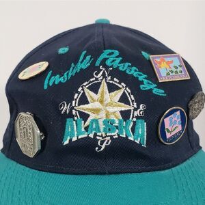 Vintage Headliners Inside Passage Alaska Snapback Cap Navy/Teal‎ W/ 5 Vtg Pins